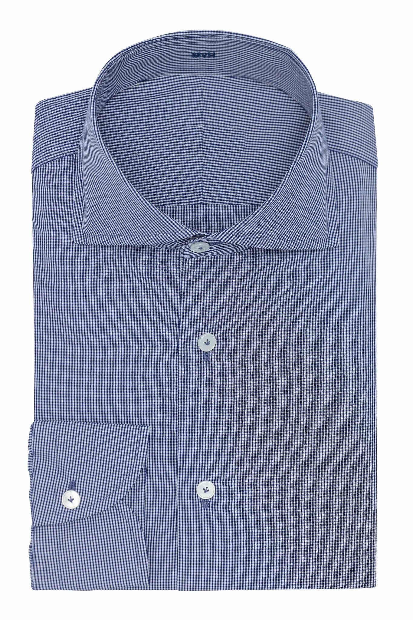 Custom Shirt - white cotton poplin with navy blue Gingham check - cordes - sons.com
