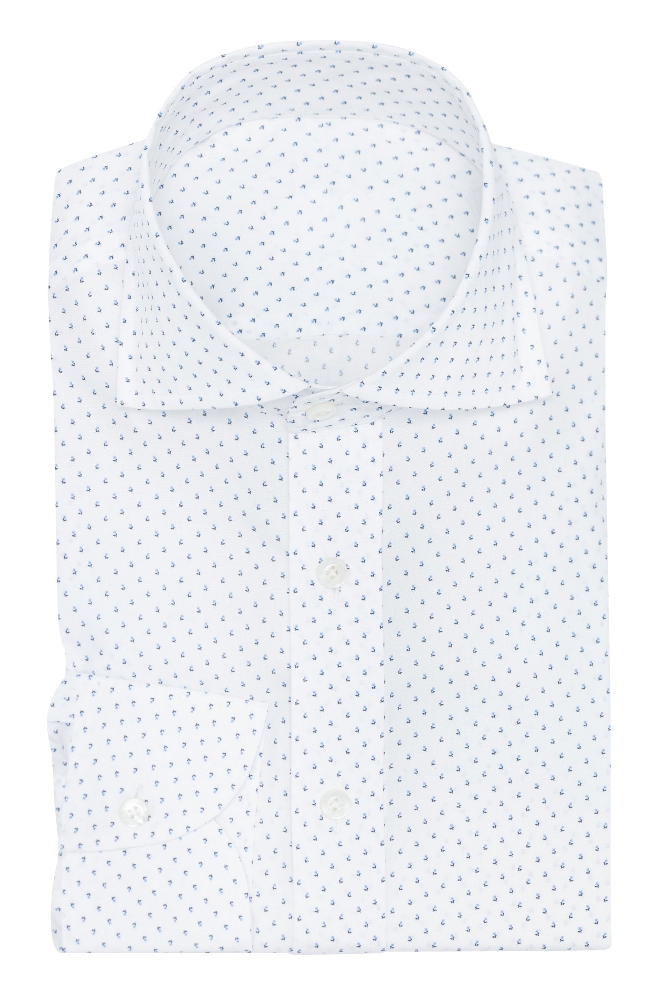 Custom Shirt - white cotton poplin with navy blue floral dot print - cordes - sons.com
