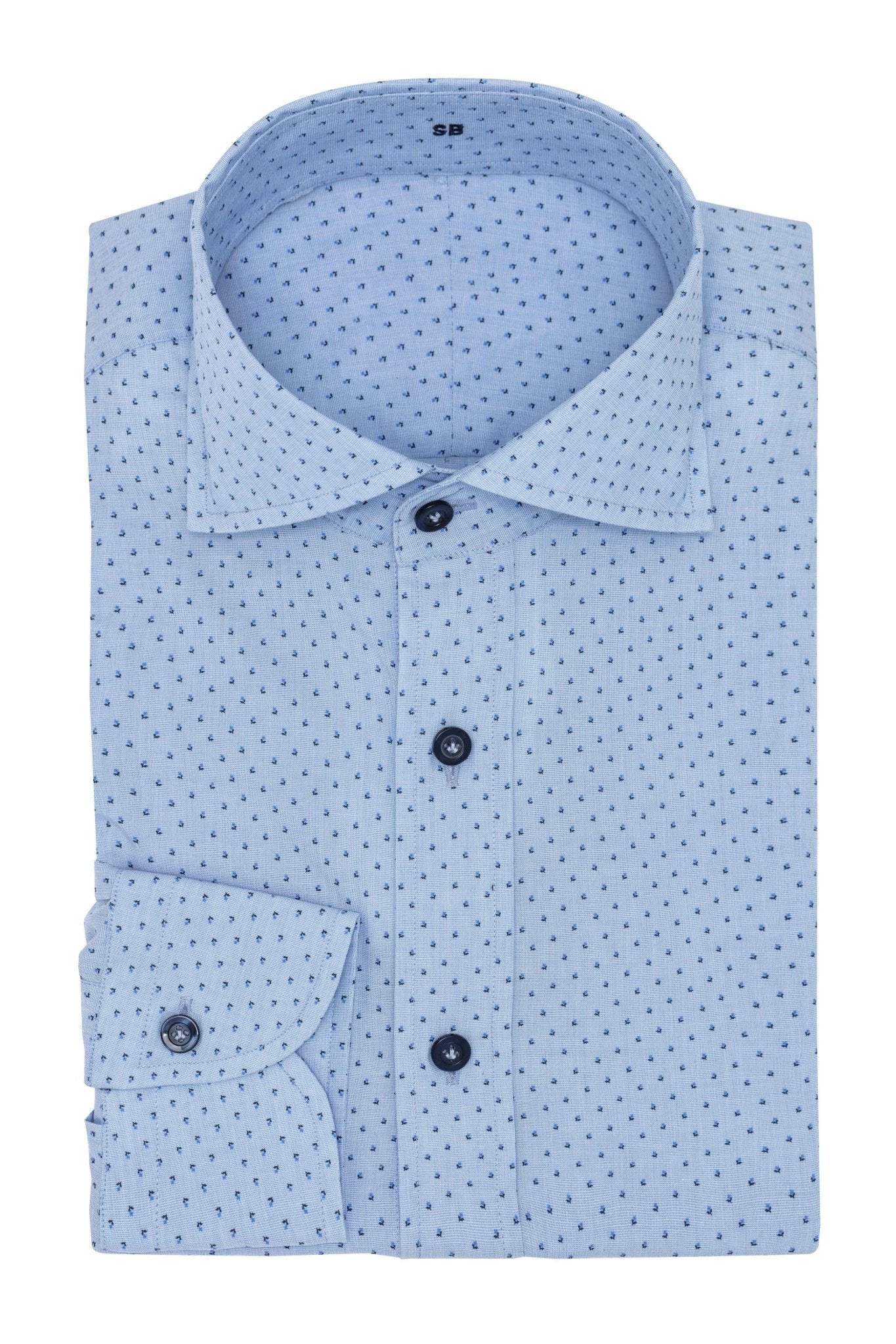Custom Shirt - l.blue cotton poplin with navy blue floral dot print - cordes - sons.com