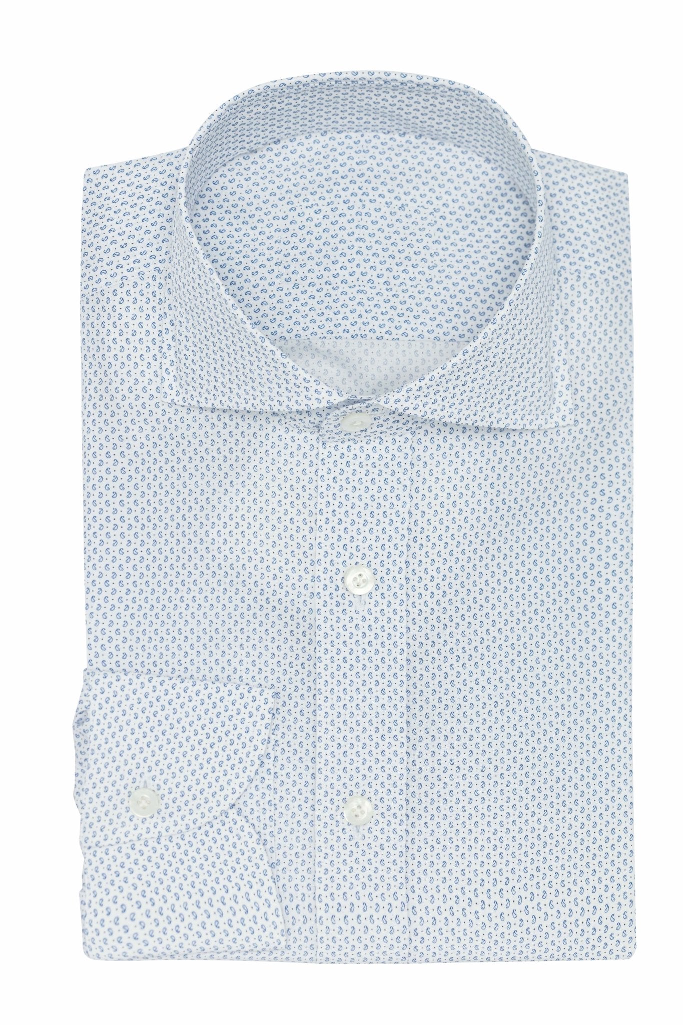 Custom Shirt - white cotton poplin with blue paisley print - cordes - sons.com