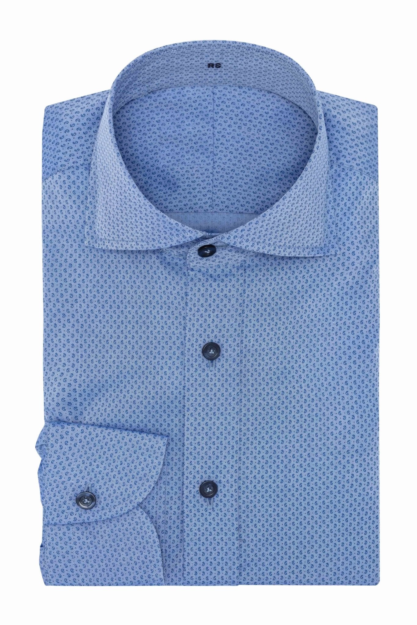 Custom Shirt - blue cotton poplin with navy blue paisley print - cordes - sons.com