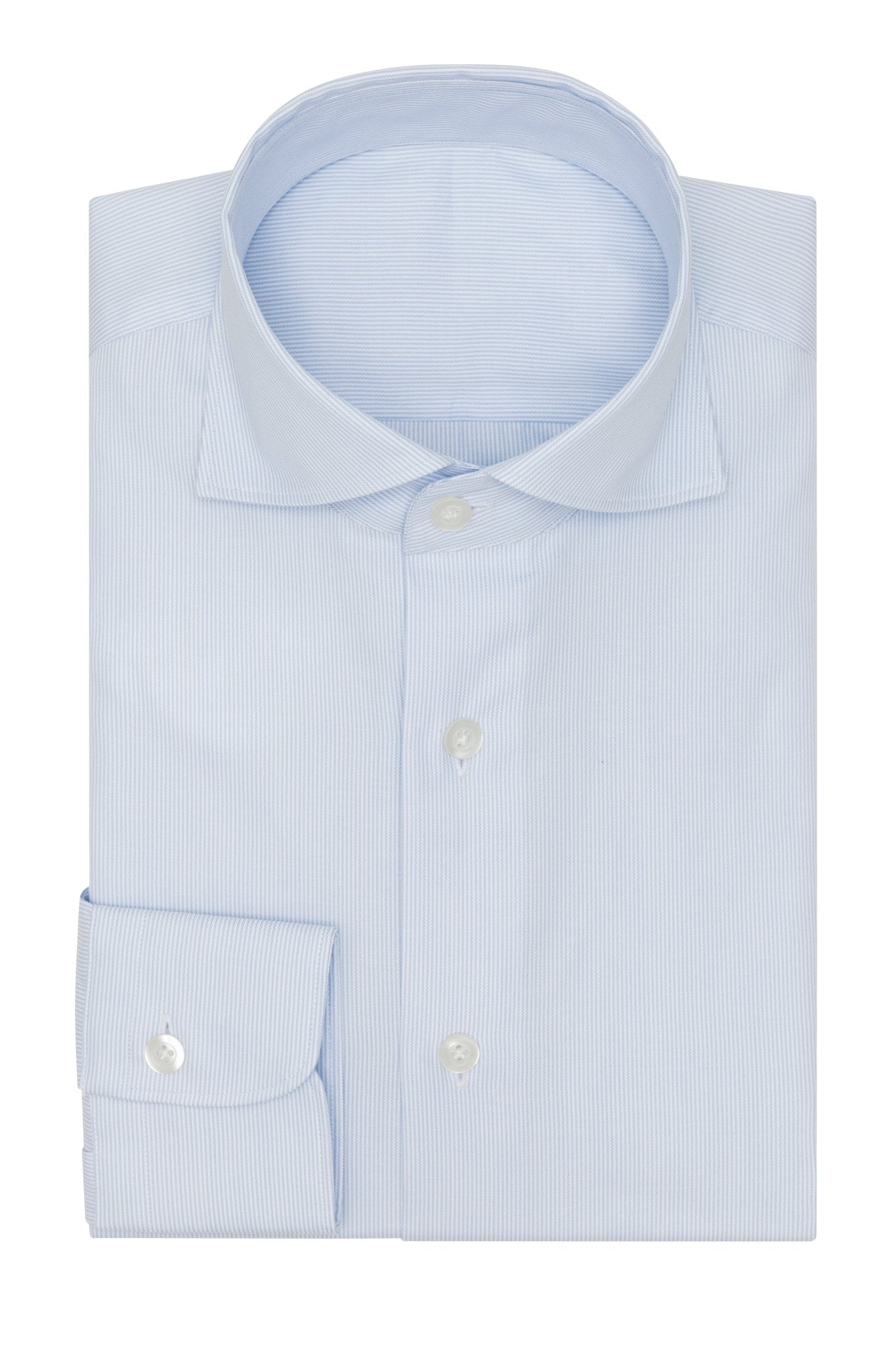 Custom Shirt - white cotton with l.blue micro - stripe - cordes - sons.com