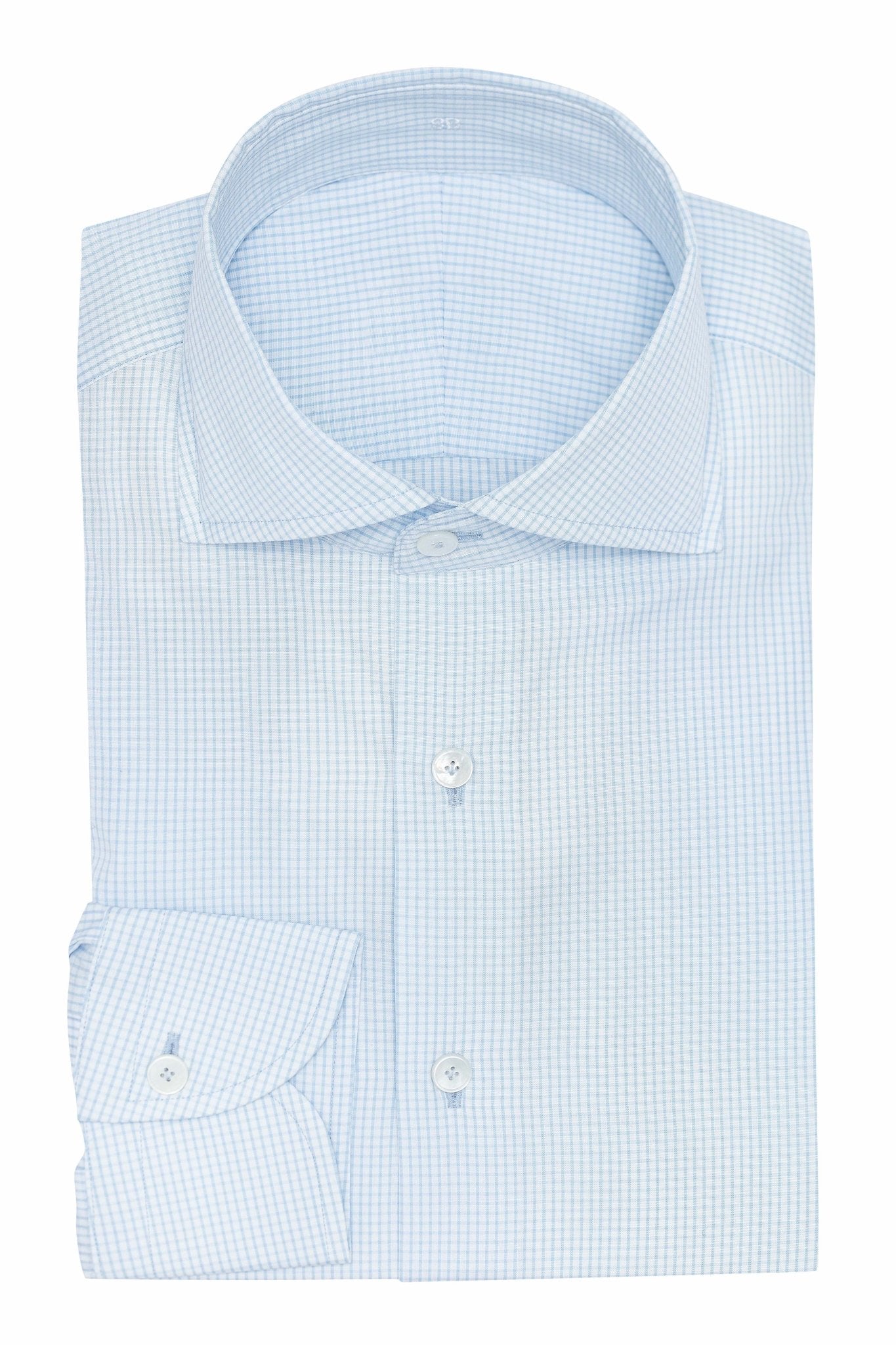 Custom Shirt - white cotton poplin with l.blue check - cordes - sons.com