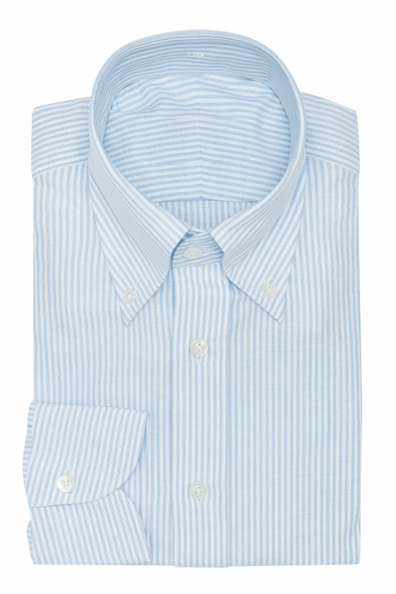 Custom Shirt - white cotton Oxford with l.blue stripe - cordes - sons.com