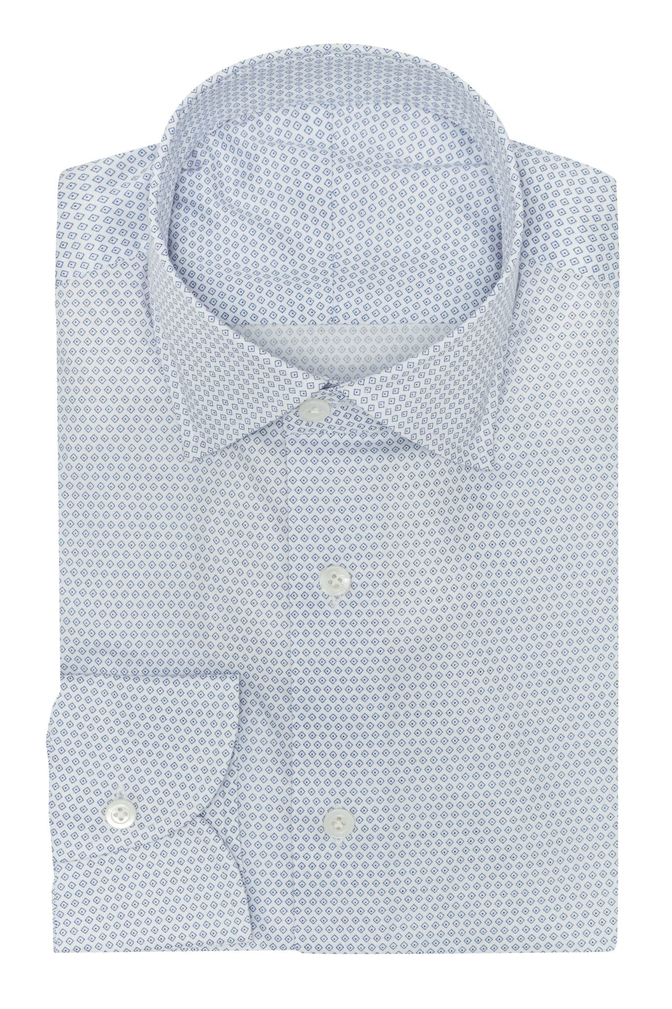 Custom Shirt - white cotton - lyocell with m.blue geometric print - cordes - sons.com