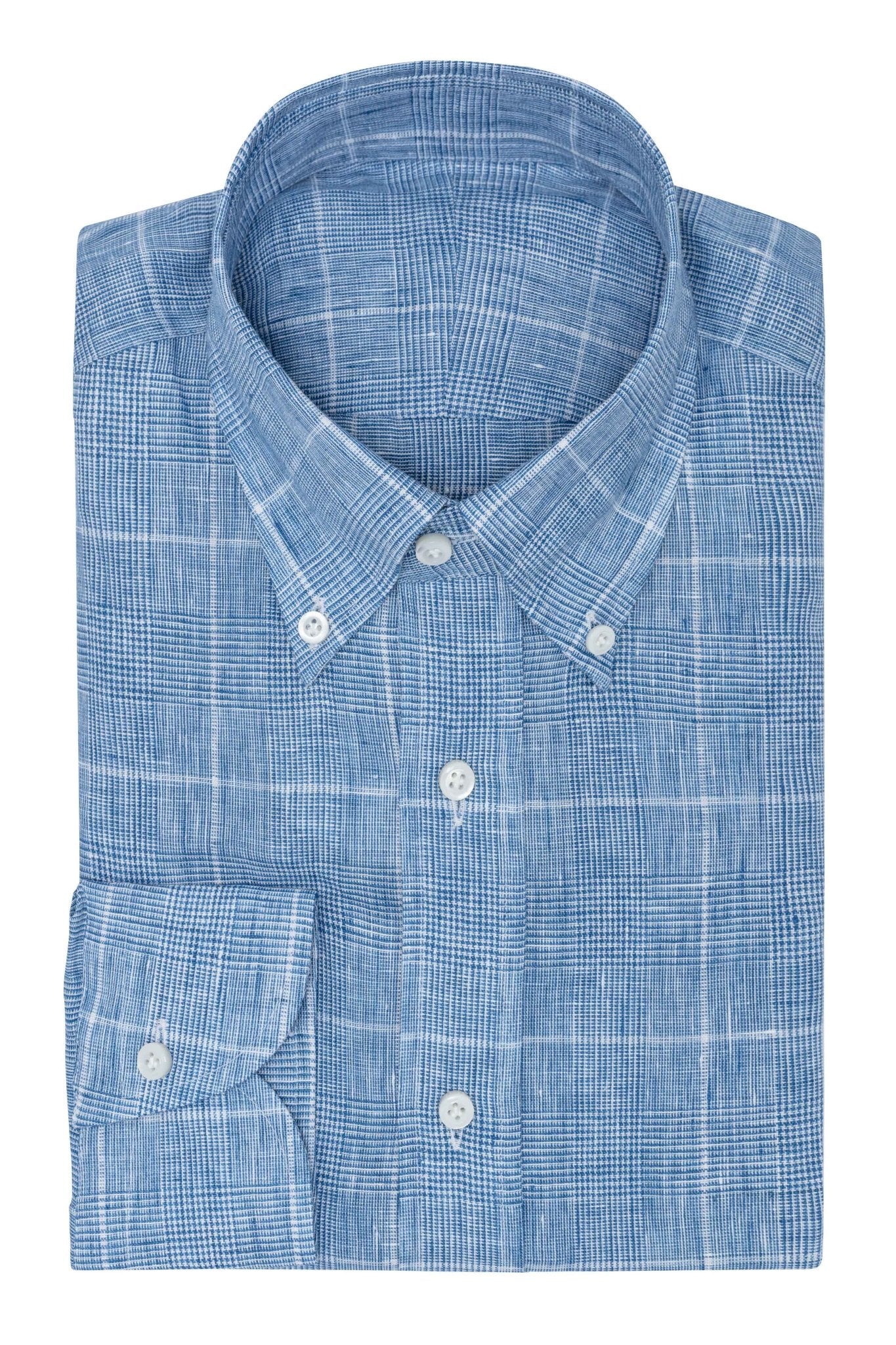 Custom Shirt - white linen with cobalt blue glencheck - cordes - sons.com