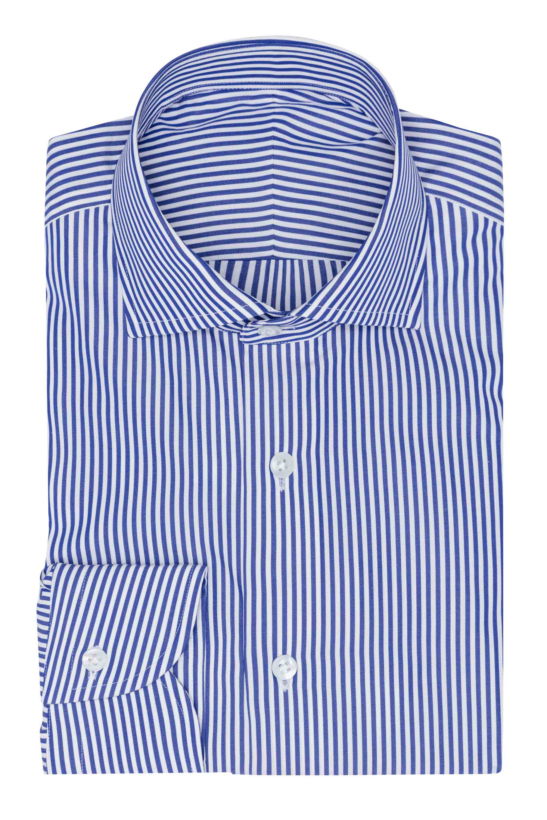 Custom Shirt - white cotton poplin with blue bengal stripe - cordes - sons.com