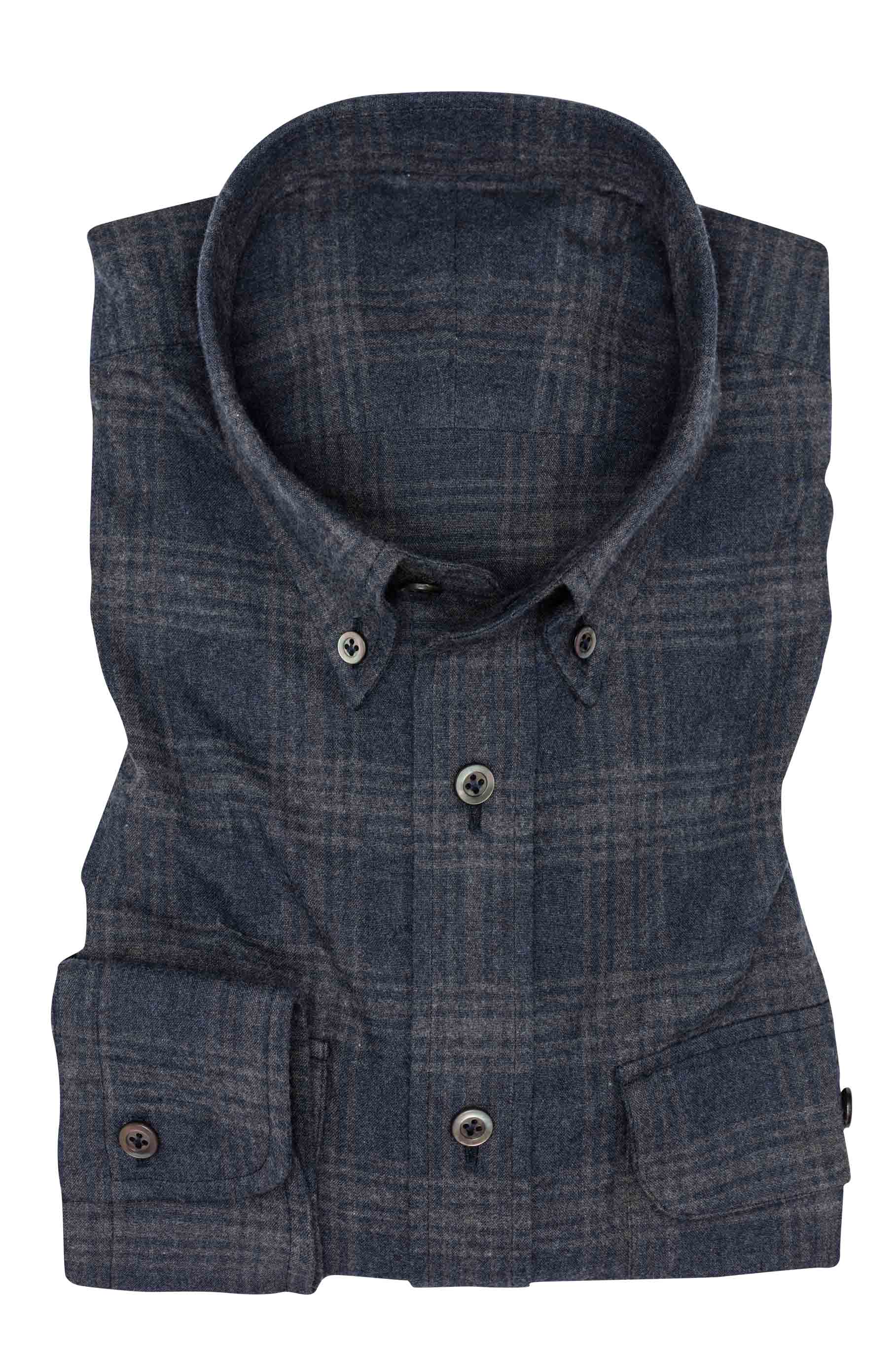 Custom Shirt - dark blue cotton flannel with grey check - cordes - sons.com