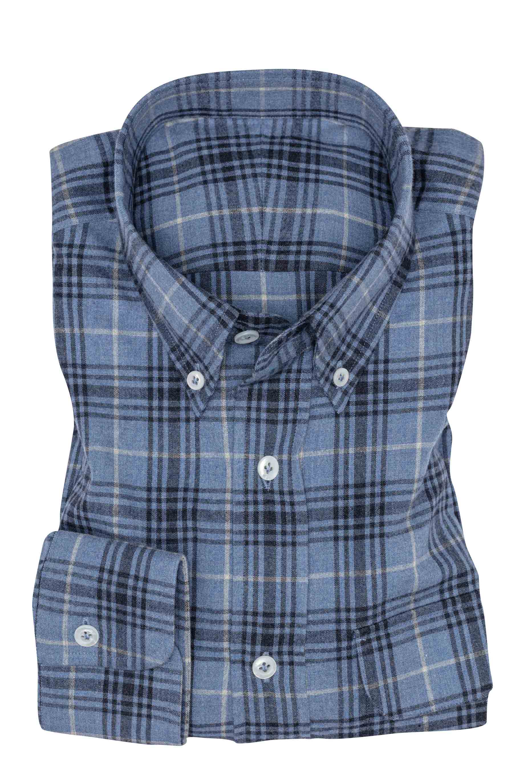 Custom Shirt - aged blue cotton flannel with off - white - blue check - cordes - sons.com