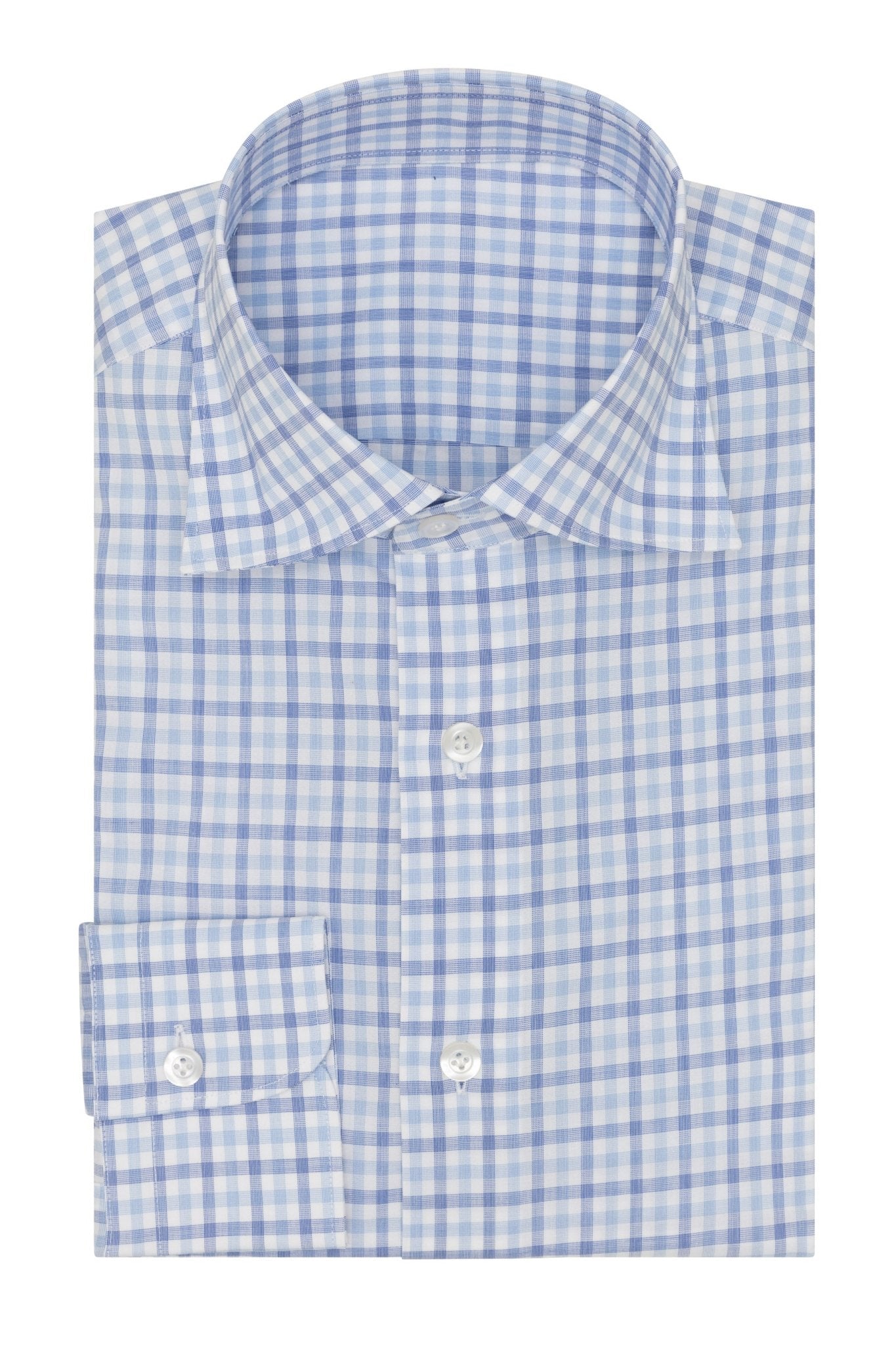 Custom Shirt - white cotton fil - à - fil with mixed blue tattersall check - cordes - sons.com